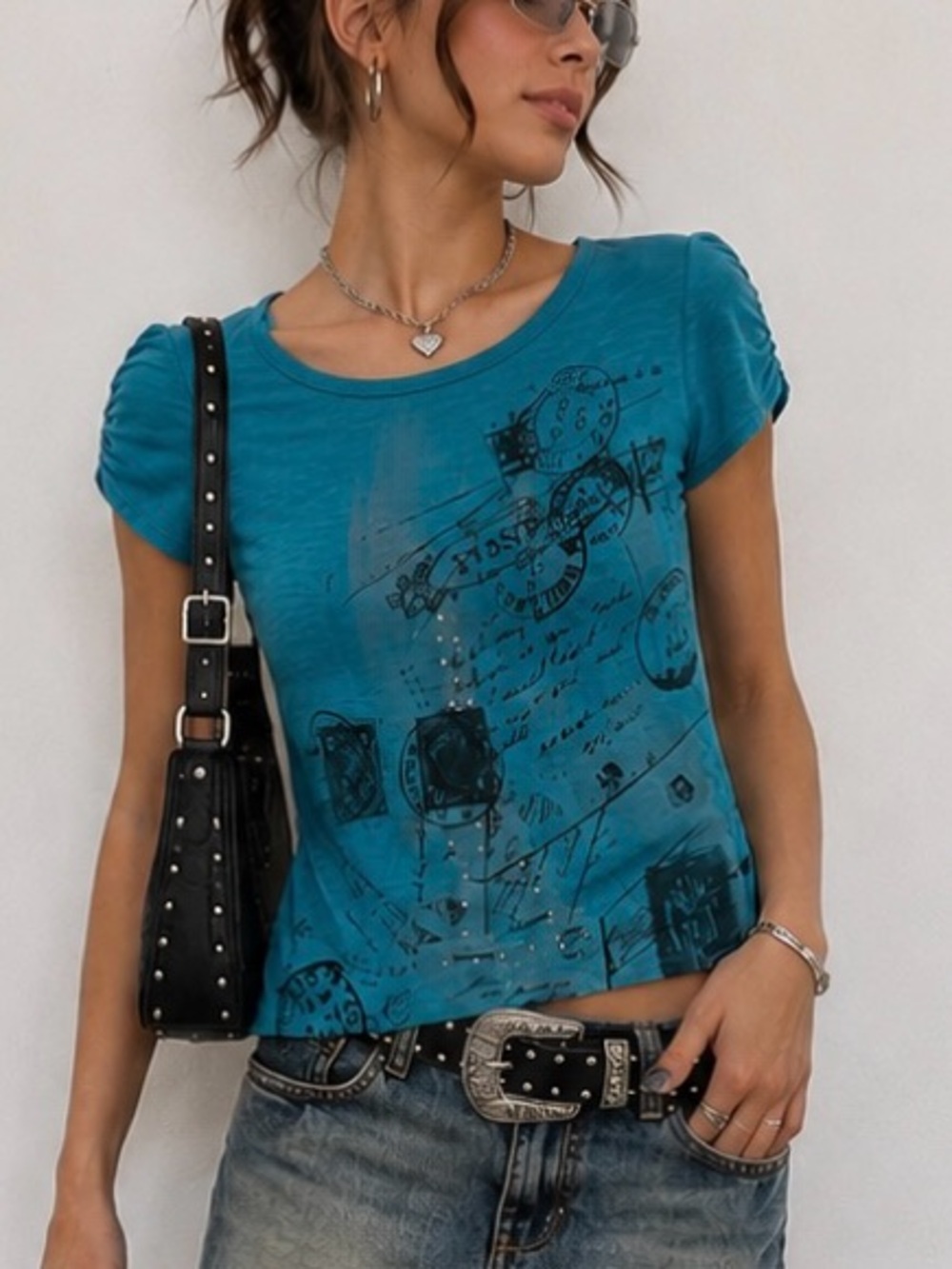 Faded Glory Women’s Graphic Keyhole Short Sleeve Tee Turquoise Blue Size M